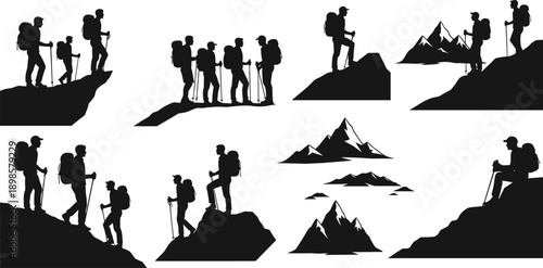 Black silhouette collection of hikers and mountain climbers trekking on rocky summits isolated on white background for outdoor adventure design