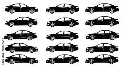 Collection of Black Sedan Car Silhouettes Side View.