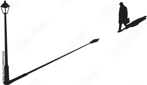 Man walking past a lamppost silhouette vector illustration with long shadow