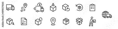 Logistics, shipping and delivery icon set with order tracking, truck, boxes, courier, warehouse and global delivery service, transport symbols. line icons vector collection. editable stroke
