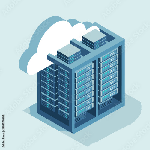 Cloud Computing and Data Server Rack Isometric Illustration.