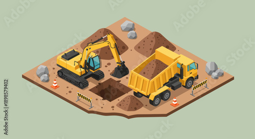 Construction site with excavator and dump truck working together.