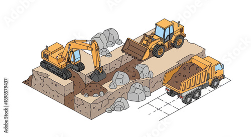 Construction site with excavator loader and dump truck working together.