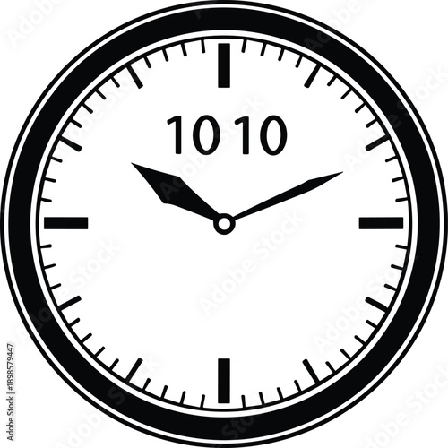 Analog clock face, 10:10 time display, black hands, minimal design, wall clock, vector illustration, symmetry, advertising, modern, timeless
