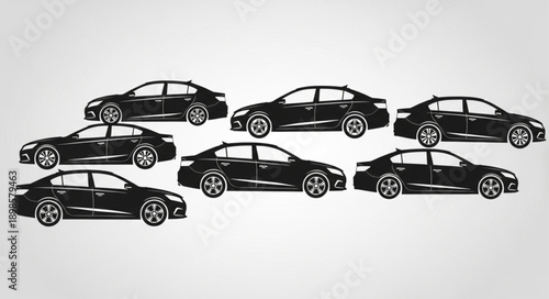 Collection of Black Sedan Cars Silhouettes on White Background.