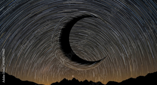 Star trails swirl around crescent moon in night sky over mountain silhouette at dusk