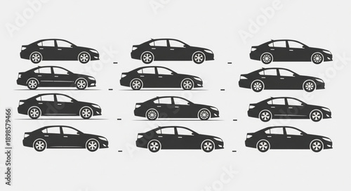 Collection of Black Sedan Car Silhouettes Side View.
