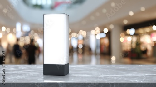 Wallpaper Mural Illuminated Retail Advertising Display Mockup on Marble Countertop in Shopping Mall, Perfect for Branding Torontodigital.ca