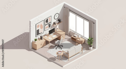 Cozy Home Office with a Dog Sleeping Under the Desk.