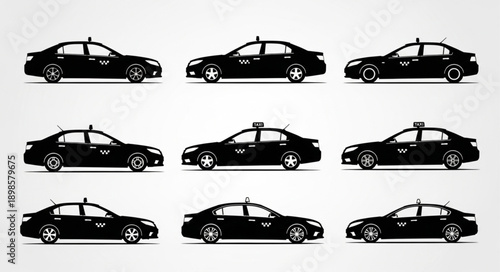 Collection of black sedan taxi cars in profile view.