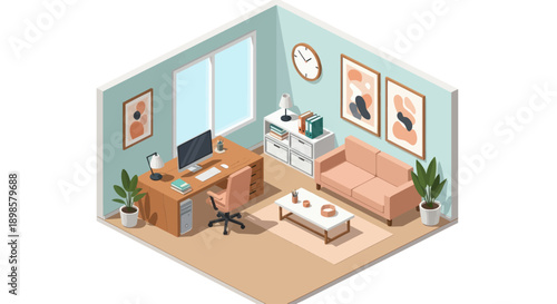 Cozy Home Office with Desk and Sofa Isometric View.