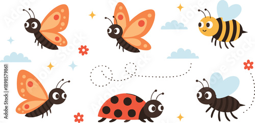 Cute cartoon garden insect set with smiling butterflies ladybug and bumblebee characters isolated on white background for kids design