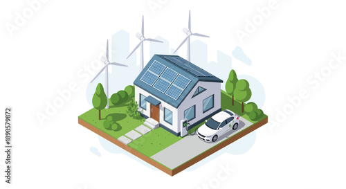 Eco-friendly house with solar panels and wind turbines.