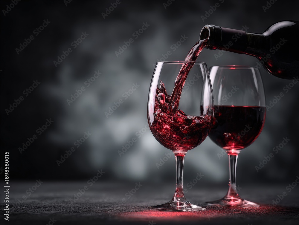 Fototapeta premium Pouring Red Wine into Elegant Glasses, Romantic Dinner Setting with Atmospheric Lighting and Textured Background