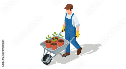 Gardener pushing a wheelbarrow with potted plants.