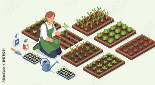 Gardener tending to a variety of vegetable garden beds with seedlings and tools.