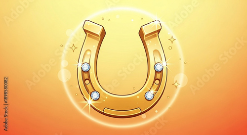 Golden horseshoe with shining nails on orange background for luck and fortune concepts