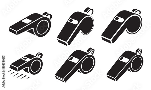 Set of Six Black Sports Whistles with Detailing, Isolated on White Background.