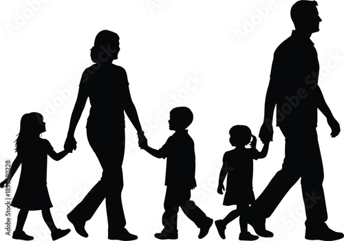 Family walking silhouette vector illustration, parents with children holding hands isolated on white background, happy lifestyle concept for parenting, social, community design