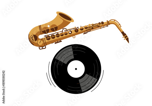 Golden Saxophone and Vinyl Record Music Concept.