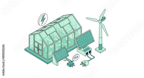 Greenhouse with Solar Panels and Wind Turbine for Sustainable Energy.