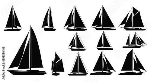 Collection of Black Sailboat Silhouettes on White Background.