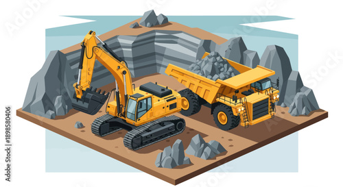 Heavy Construction Equipment at Work in a Quarry.