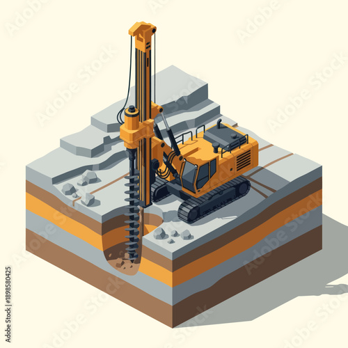Heavy Duty Drilling Machine Excavating Earth Layers Isometric View.