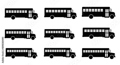 Collection of black school bus silhouettes on white background.