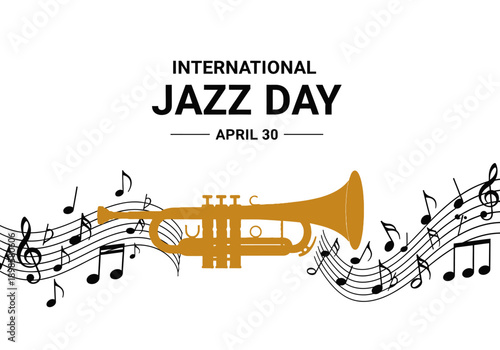 Golden Trumpet Musical Instrument with Musical Notes on International Jazz Day.