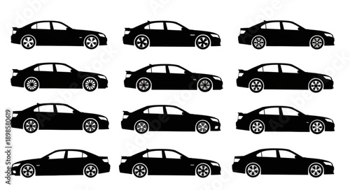 Collection of Black Sedan Car Silhouettes on White Background.