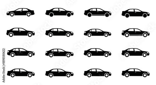 Collection of black sedan car silhouettes on a white background.