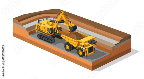 Heavy machinery excavating and loading earth into a dump truck at a construction site.