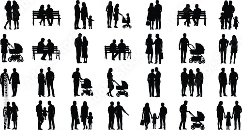 Family people silhouettes collection showing couples parents children with strollers walking standing sitting poses, black vector illustration set for lifestyle, relationship, urban scenes, 