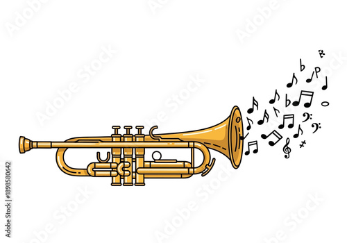 Golden Trumpet with Musical Notes Illustration.