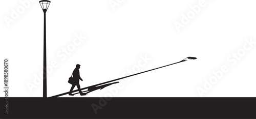 Man walking under street light creating a long shadow vector silhouette illustration line art
