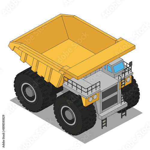 Heavy-duty mining dump truck isometric view construction vehicle.