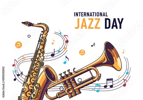 Golden Saxophone and Trumpet with Musical Notes.