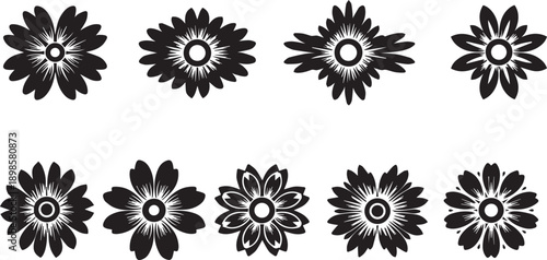 Collection of eight black floral designs on white background