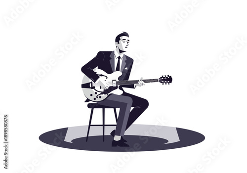 Man in Suit Playing Guitar Seated on a Stool.