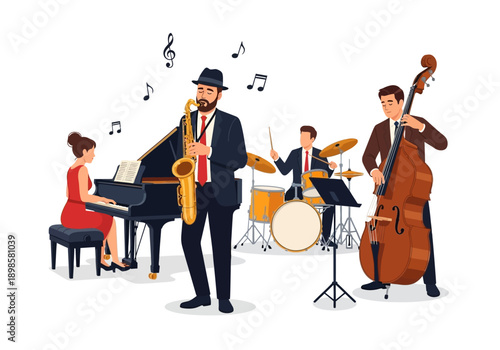 Jazz band performing music with various instruments.