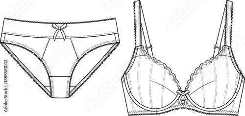 Women's lingerie bra and panties technical fashion sketch showing detailed line art, front views, clean vector illustration for apparel design and adobe stock