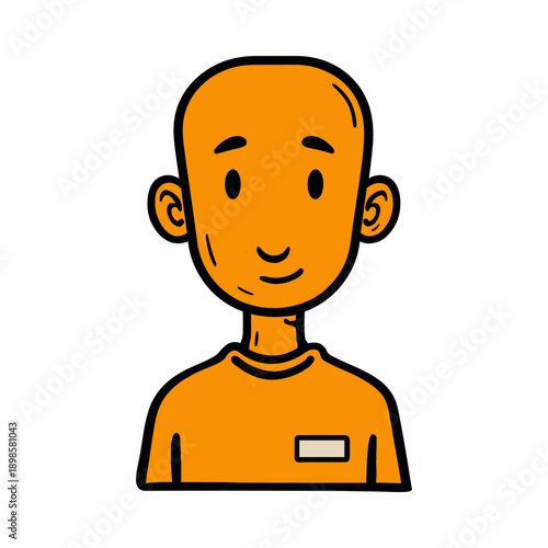 Smiling Bald Cartoon Person Wearing an Orange T shirt with a Name Tag