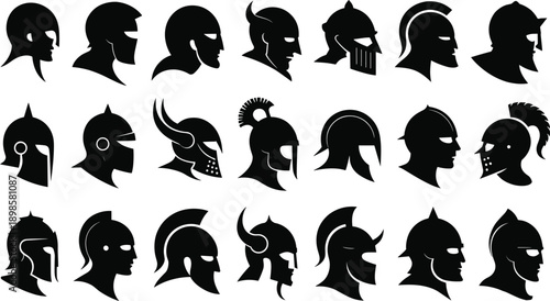 Ancient warrior helmets silhouettes, Greek Roman Spartan Viking helmets, black vector icons, historical armor, battle helmets, warrior profile set