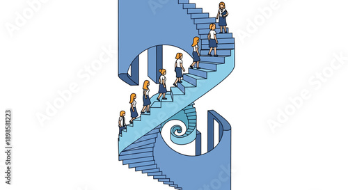 Group of Businesswomen Climbing the Endless Spiral Staircase. Career Progression, Ambition, and Success Path Illustration.