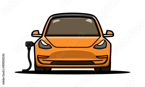 Front View of an Orange Electric Car Connected to a Charging Cable