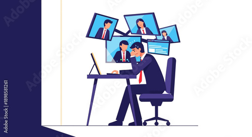 Remote Work Burnout: Overwhelmed Employee Suffering from Zoom Fatigue During Multiple Video Conference Calls.