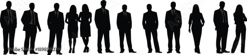 Business people silhouette lineup featuring professional men and women in formal suits, corporate team standing poses, leadership and workplace concept, black and white vector illustration
