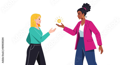 Global Business Partnership: Diverse women exchanging a glowing idea icon. Vector illustration for collaboration and opportunity.