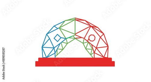 Abstract Geodesic Dome Arch Logo. Modern Geometric Network Structure in RGB Primary Colors on a Red Base. Vector Technology Icon.